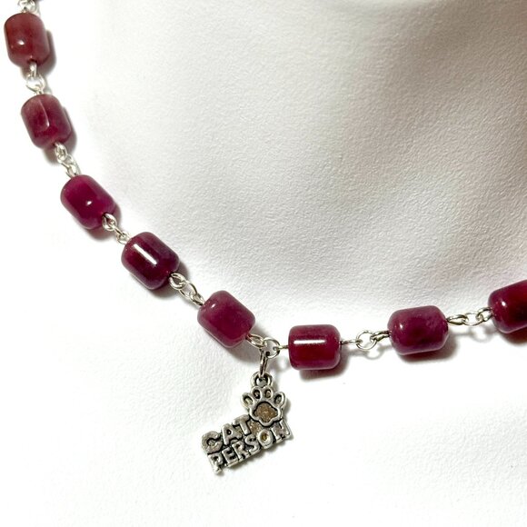 Genuine Magenta Chalcedony Short Necklace, Gemstone & Cat Person Paw Print Charm - Picture 1 of 14